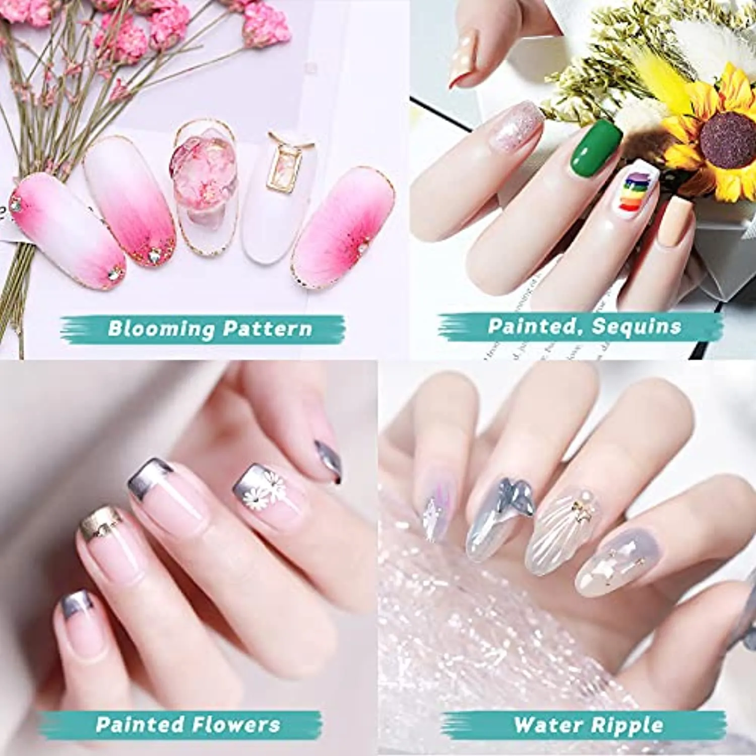 UV Gel Acrylic Nail Brush Set for Nail Art Tips, Feugole 7Pcs Blue Diamond Painted Nail Art Builder Dotting Brush for Nail Painting