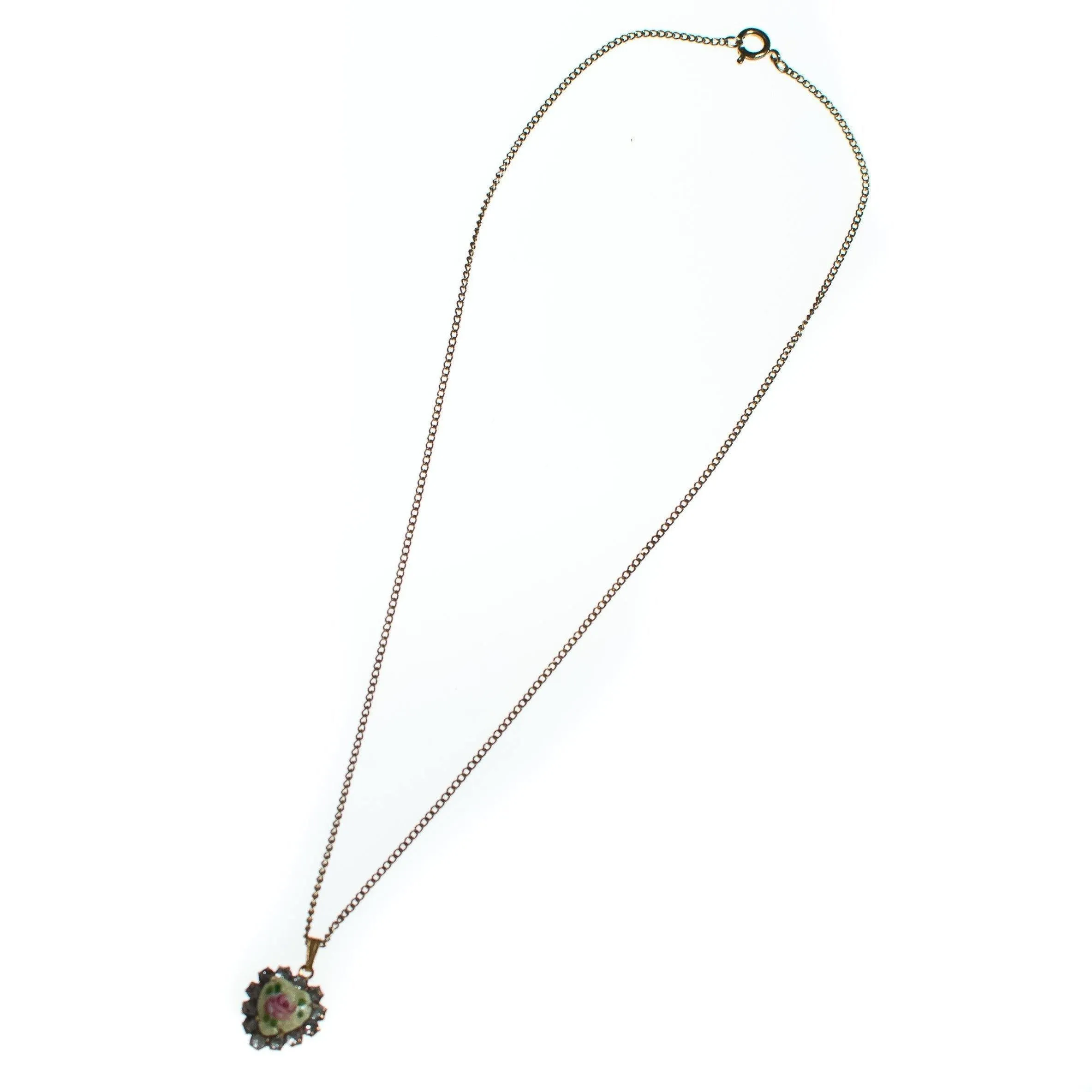 Vintage 1950s Dainty Pink Guilloche Heart with Rhinestones Pendant Necklace