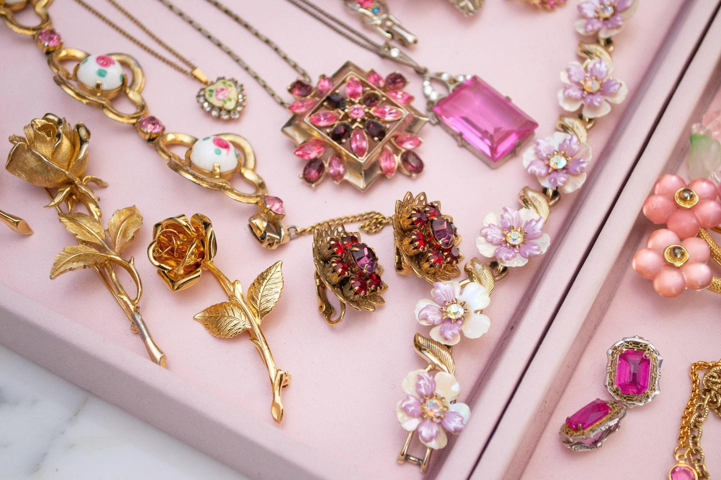 Vintage 1950s Dainty Pink Guilloche Heart with Rhinestones Pendant Necklace