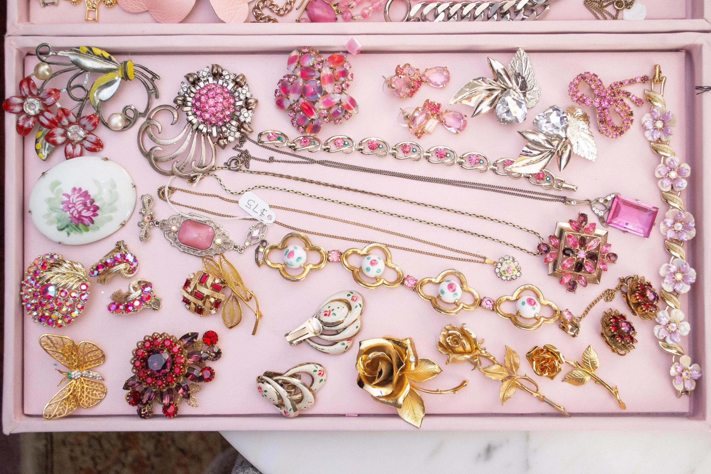 Vintage 1950s Dainty Pink Guilloche Heart with Rhinestones Pendant Necklace