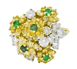 Vintage 3.21 CTW Yellow and White Diamond Emerald 18 Karat Gold Floral Cluster Ring