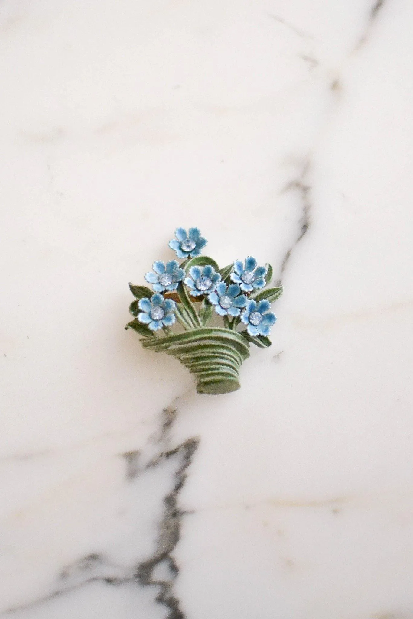 Vintage Blue Flowers in the Basket Painted Enamel Brooch