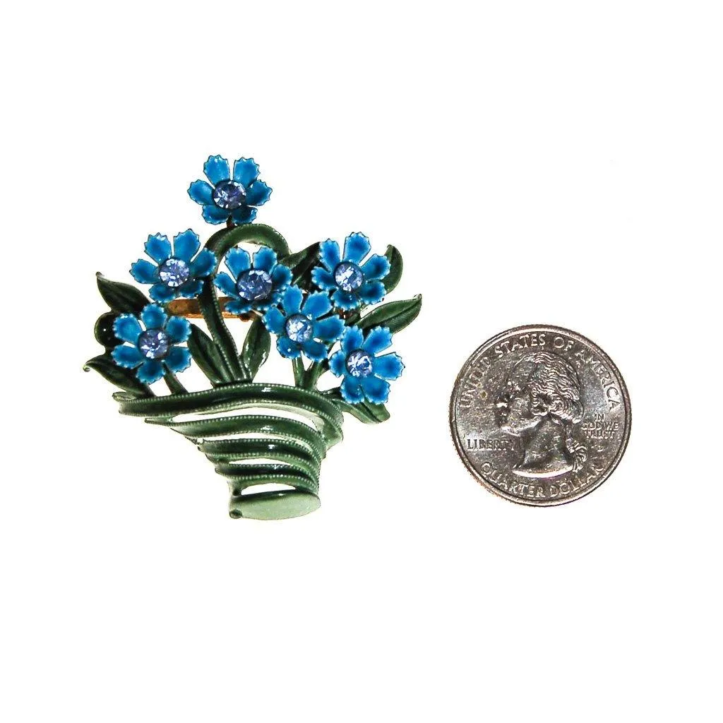 Vintage Blue Flowers in the Basket Painted Enamel Brooch