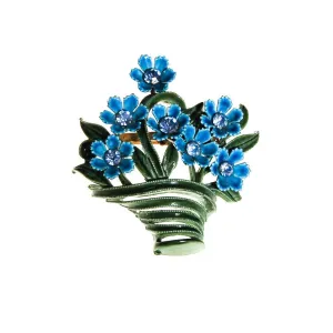 Vintage Blue Flowers in the Basket Painted Enamel Brooch
