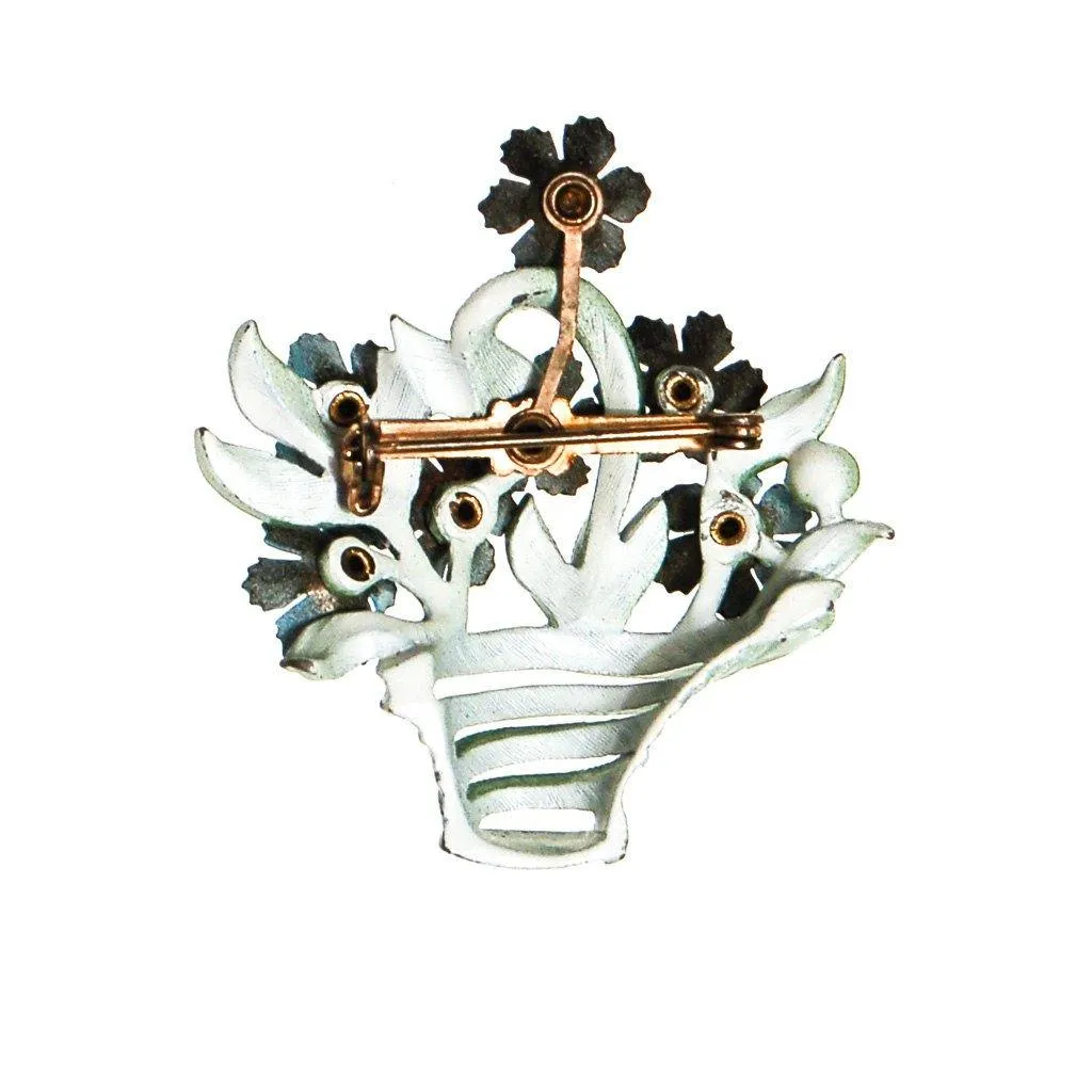 Vintage Blue Flowers in the Basket Painted Enamel Brooch