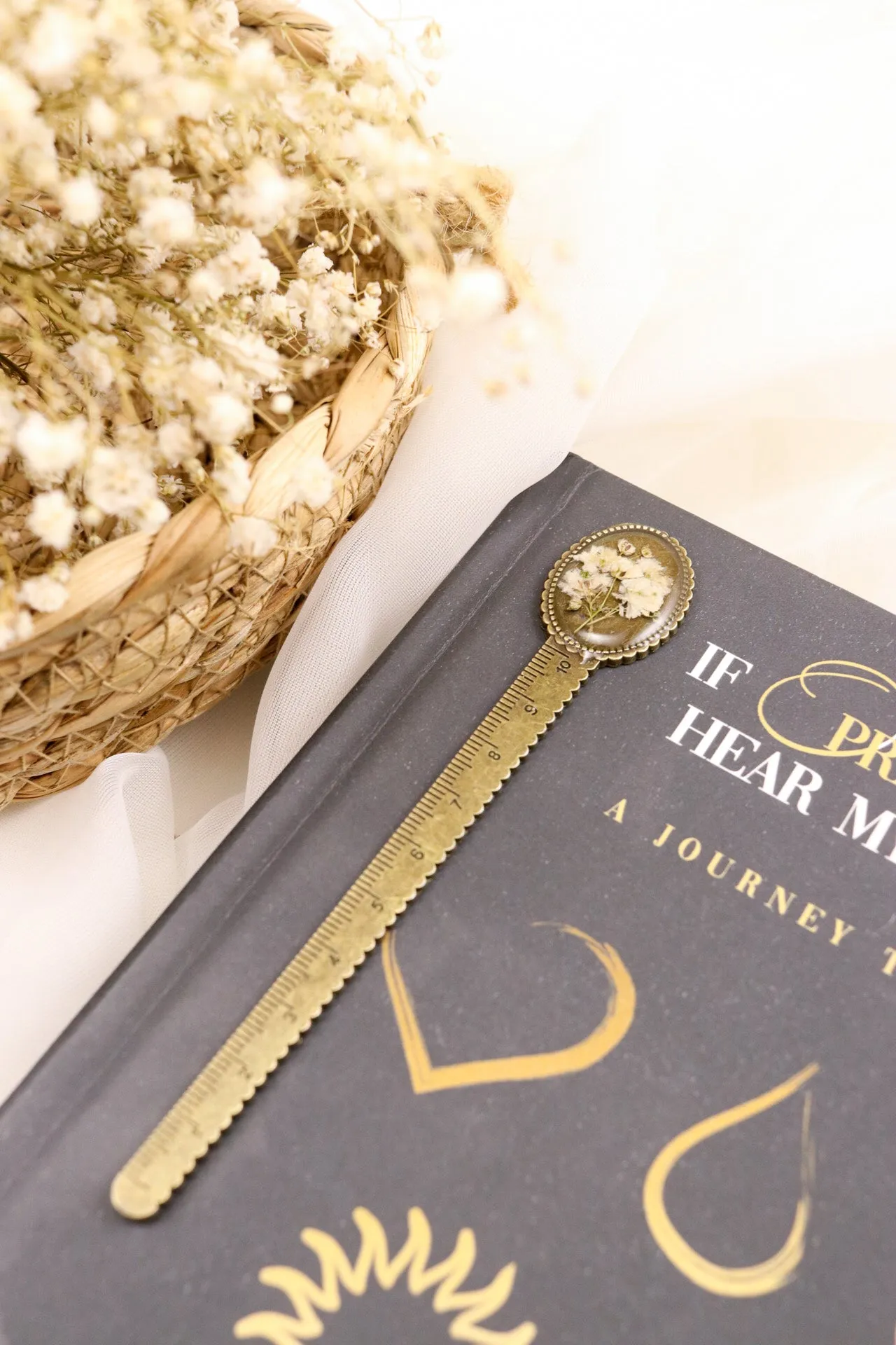 Vintage Bronze Resin Ruler Bookmark With Baby's Breath Flowers