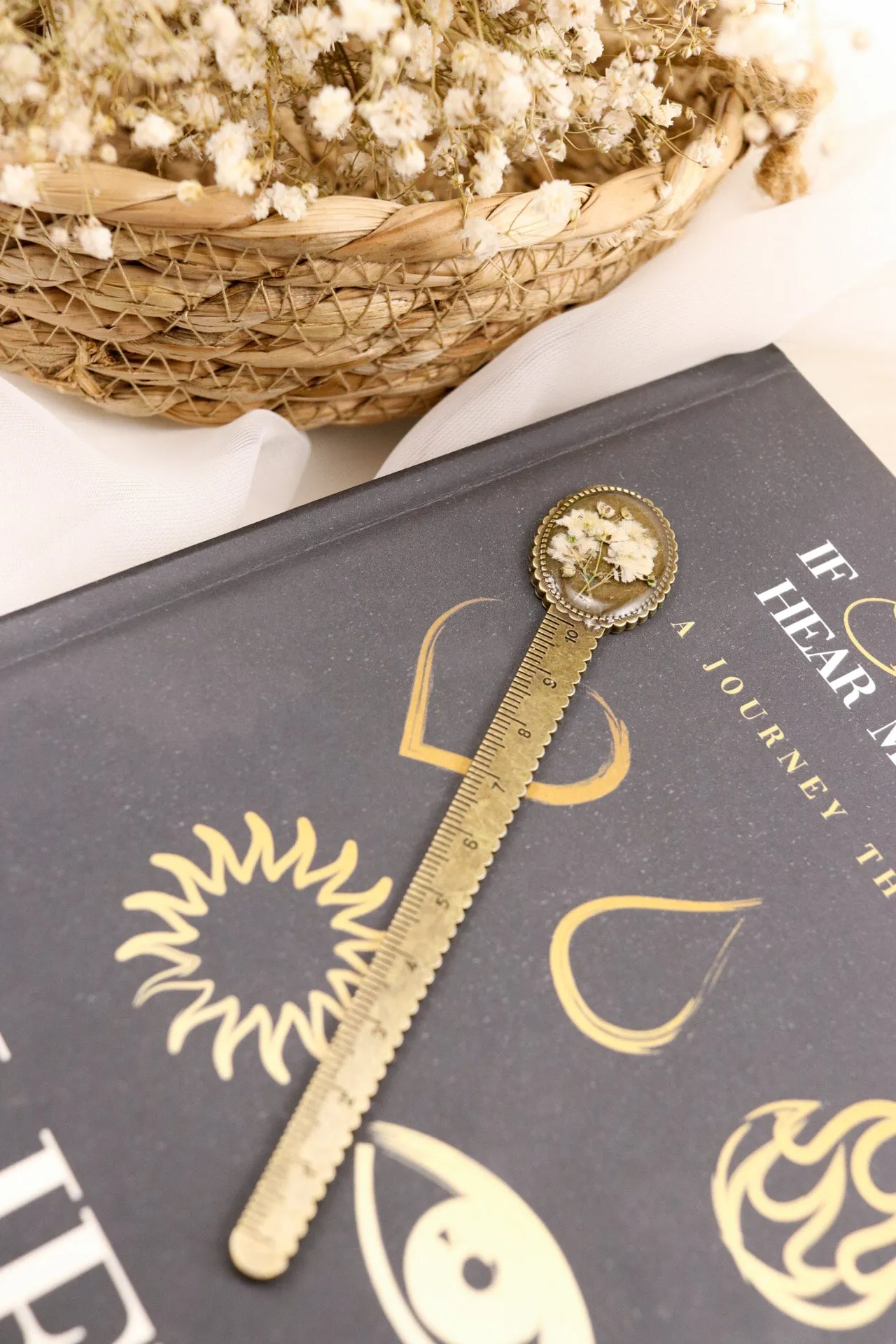 Vintage Bronze Resin Ruler Bookmark With Baby's Breath Flowers