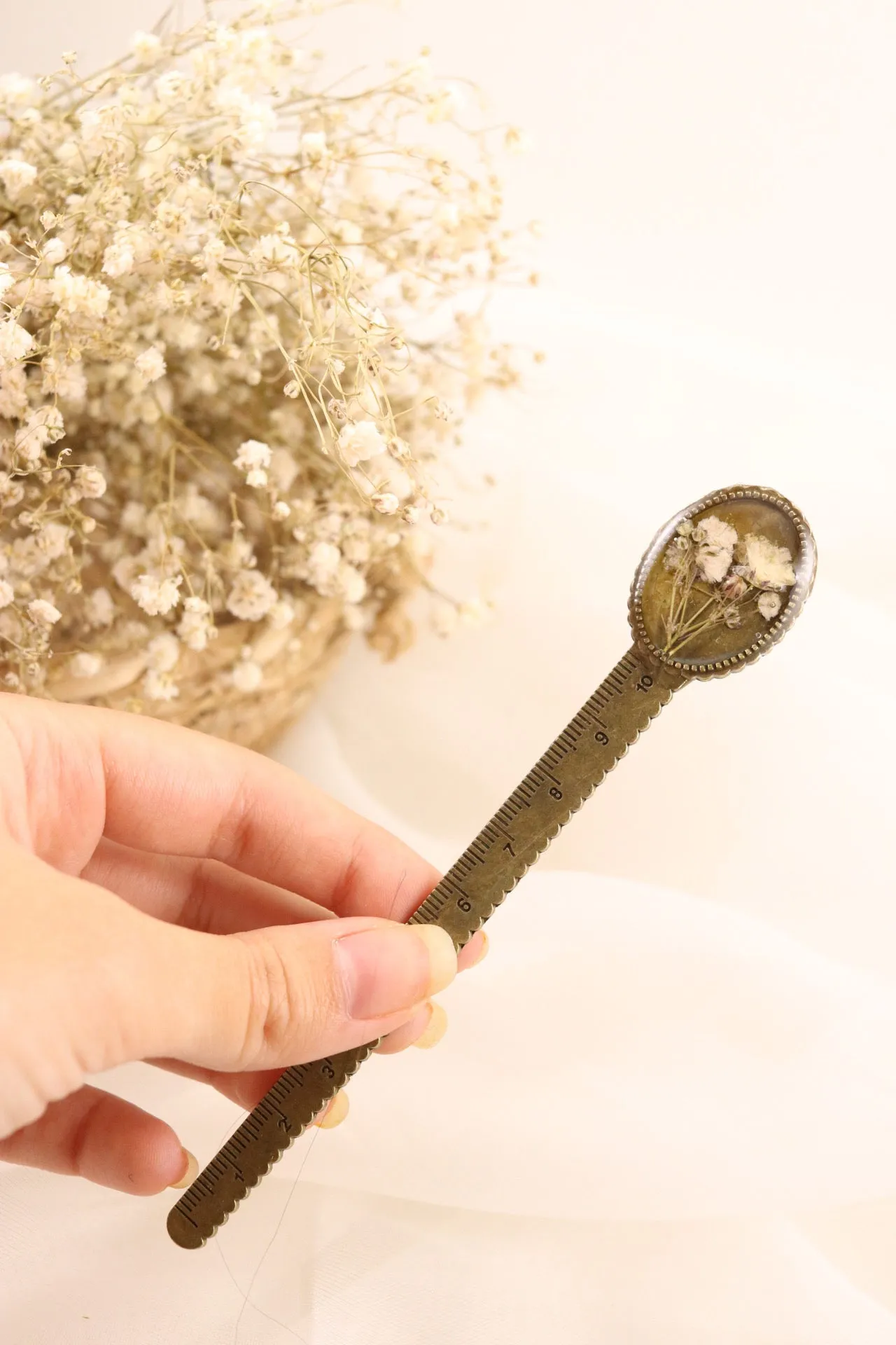 Vintage Bronze Resin Ruler Bookmark With Baby's Breath Flowers