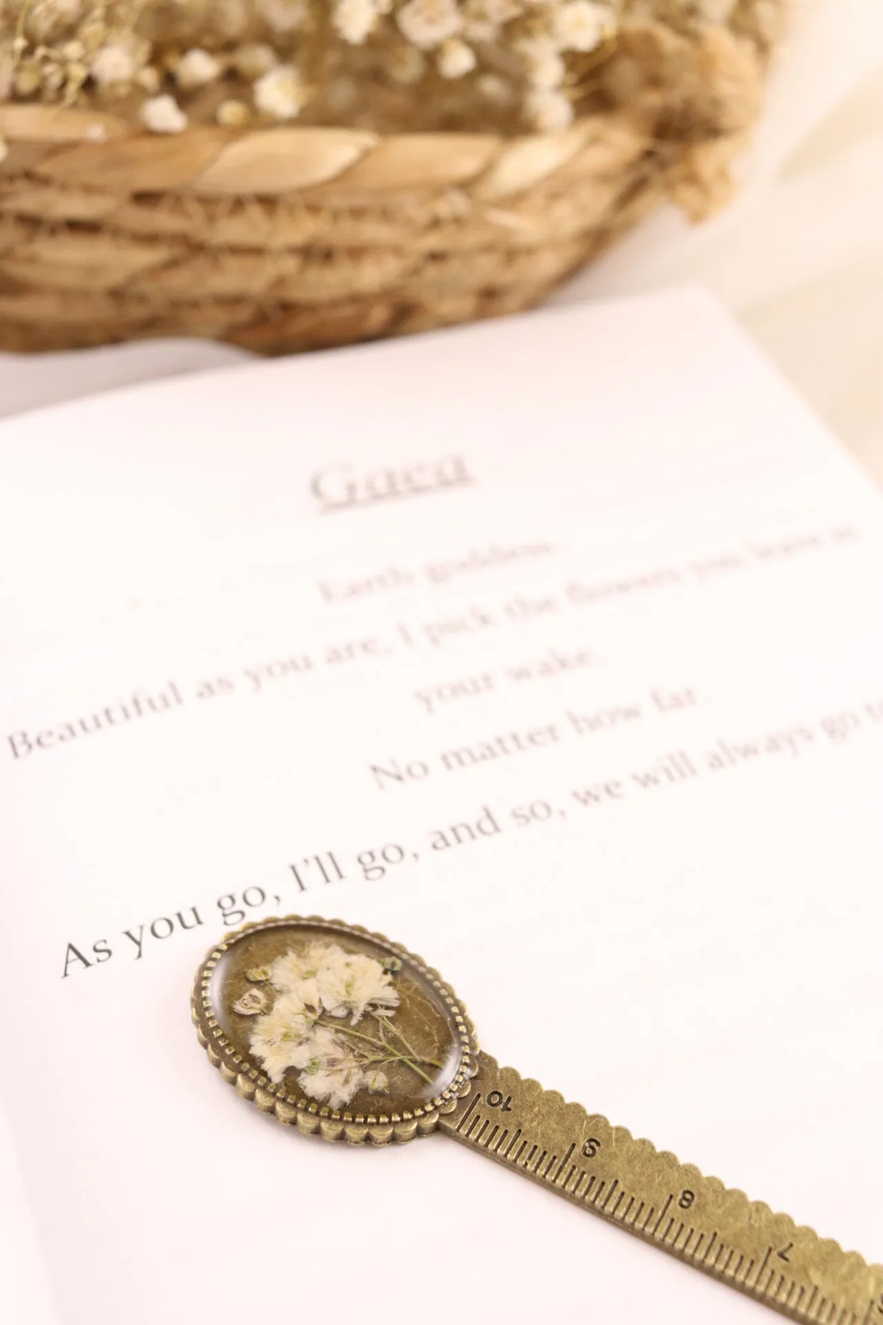 Vintage Bronze Resin Ruler Bookmark With Baby's Breath Flowers