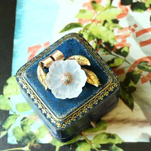 Vintage Carved Rock Crystal Flower Pin, 14k