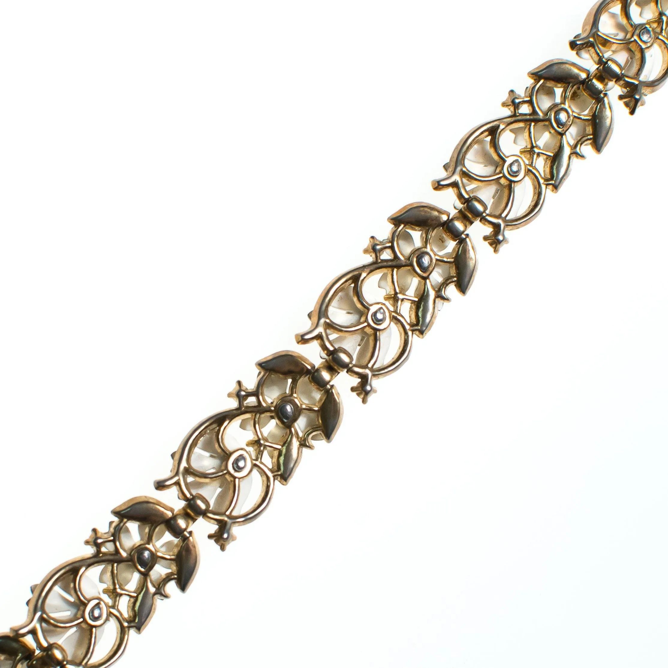 Vintage Crown Trifari White Flower with Rhinestones Bracelet, Gold Tone, White Flowers, CZ, Snap Lock Clasp