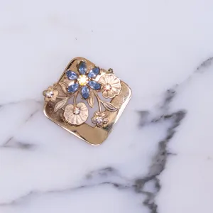 Vintage Gold Square Brooch Adorned with Blue Rhinestone Flowers and Gold Leaves
