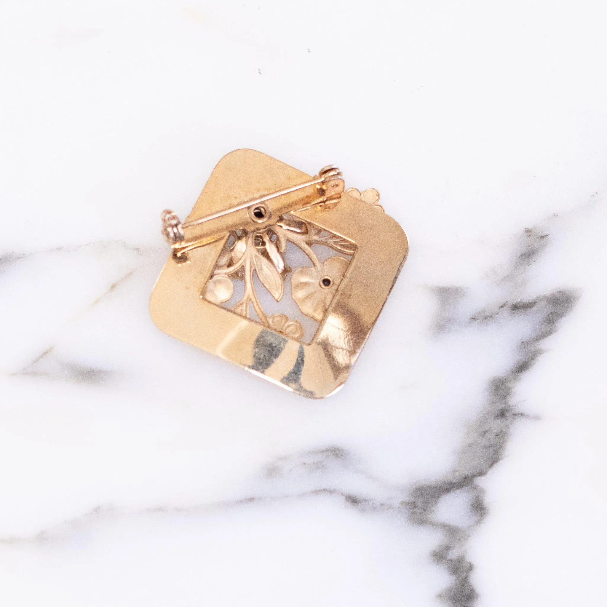 Vintage Gold Square Brooch Adorned with Blue Rhinestone Flowers and Gold Leaves