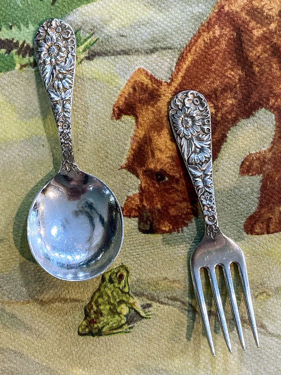 Vintage Kirk & Son Sterling Silver Floral Handle Baby Spoon Fork Set