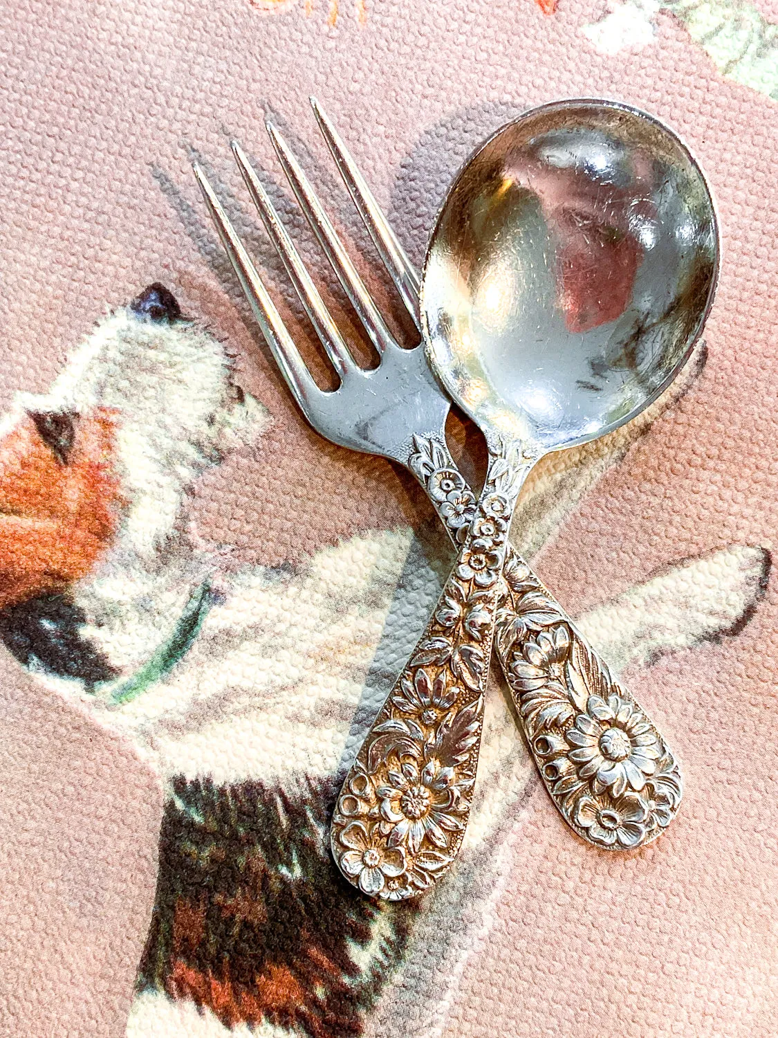Vintage Kirk & Son Sterling Silver Floral Handle Baby Spoon Fork Set