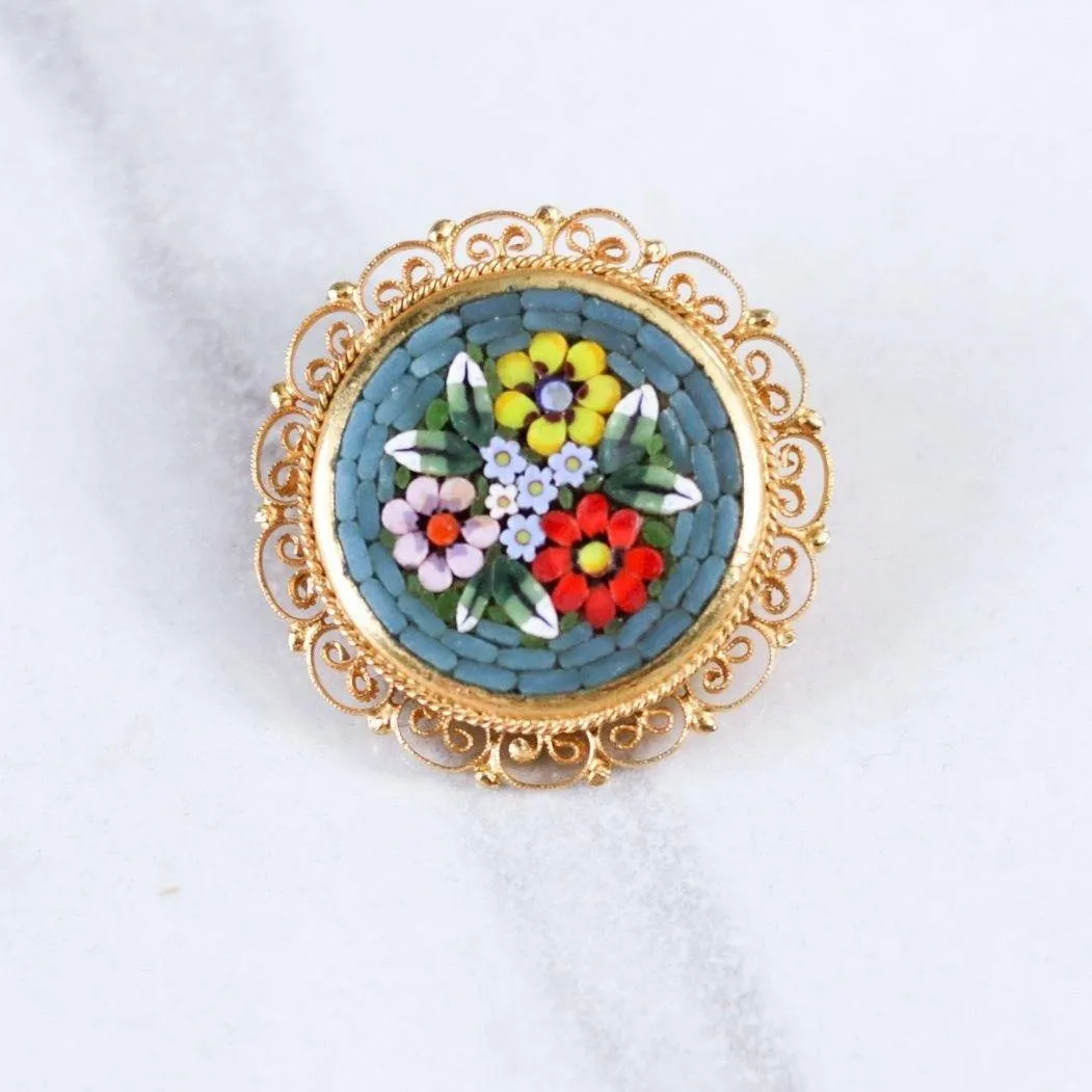 Vintage Made in Italy Round Mosaic Brooch
