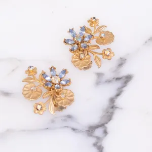 Vintage Mid Century Modern Gold Flower Earrings with Blue and Aurora Borealis Rhinestones
