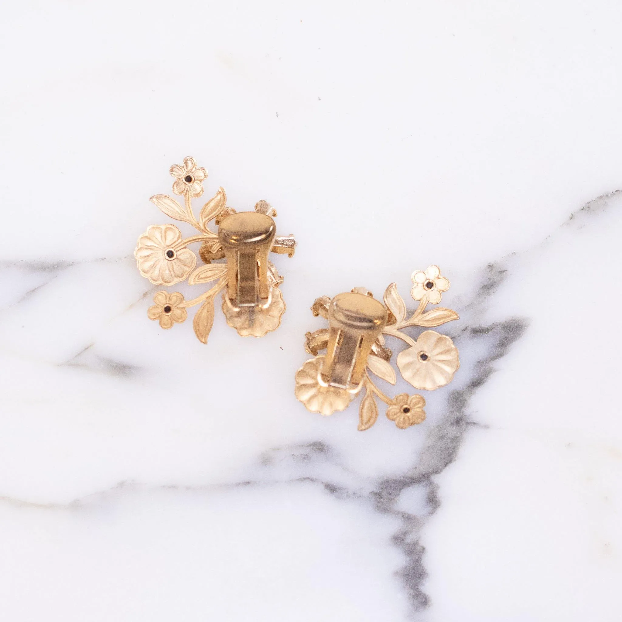Vintage Mid Century Modern Gold Flower Earrings with Blue and Aurora Borealis Rhinestones