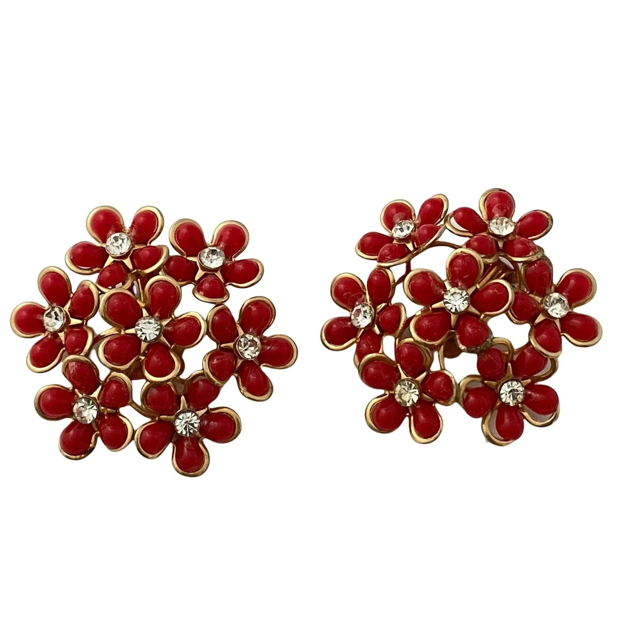 Vintage Red Daisy with Diamante Rhinestone Statement Earrings