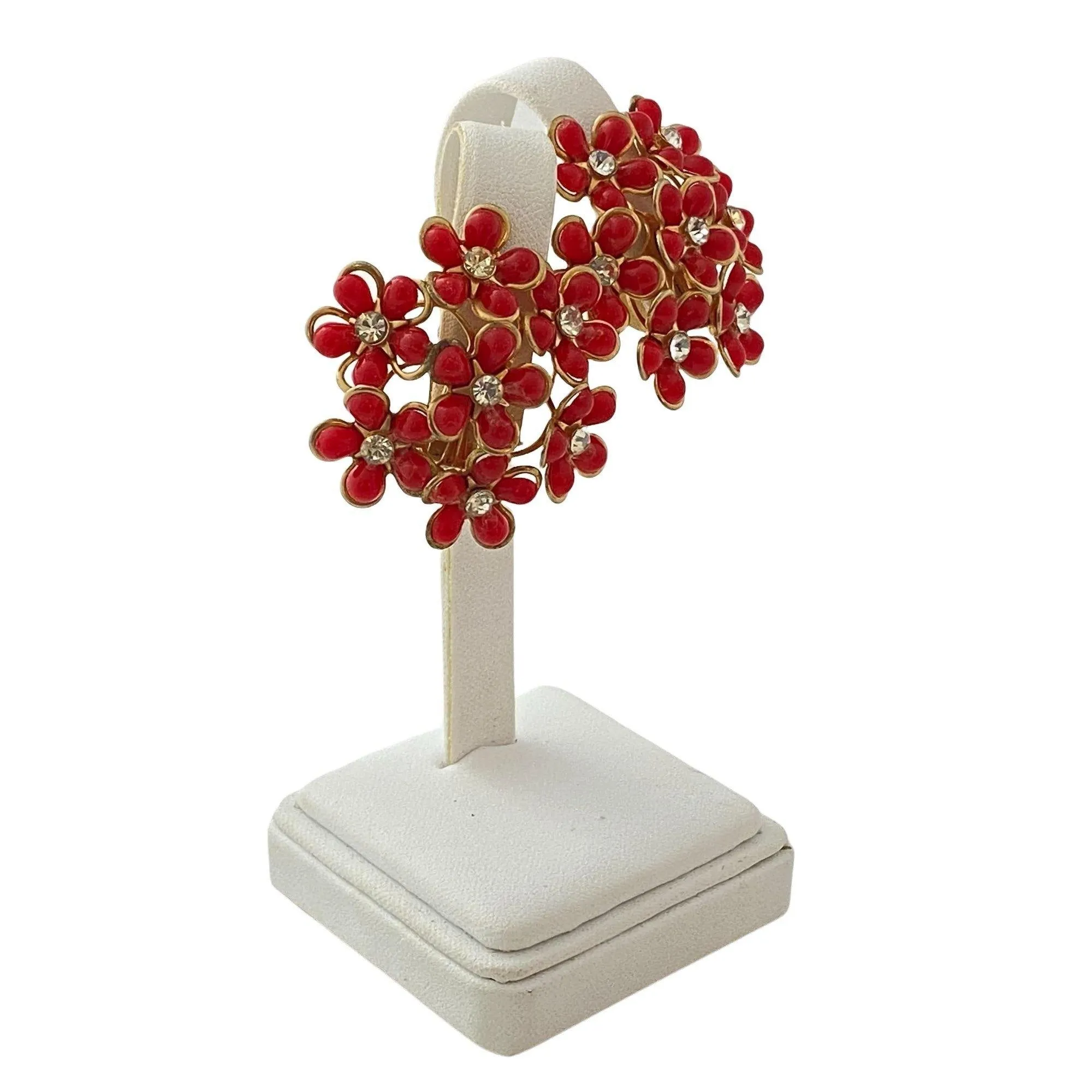 Vintage Red Daisy with Diamante Rhinestone Statement Earrings