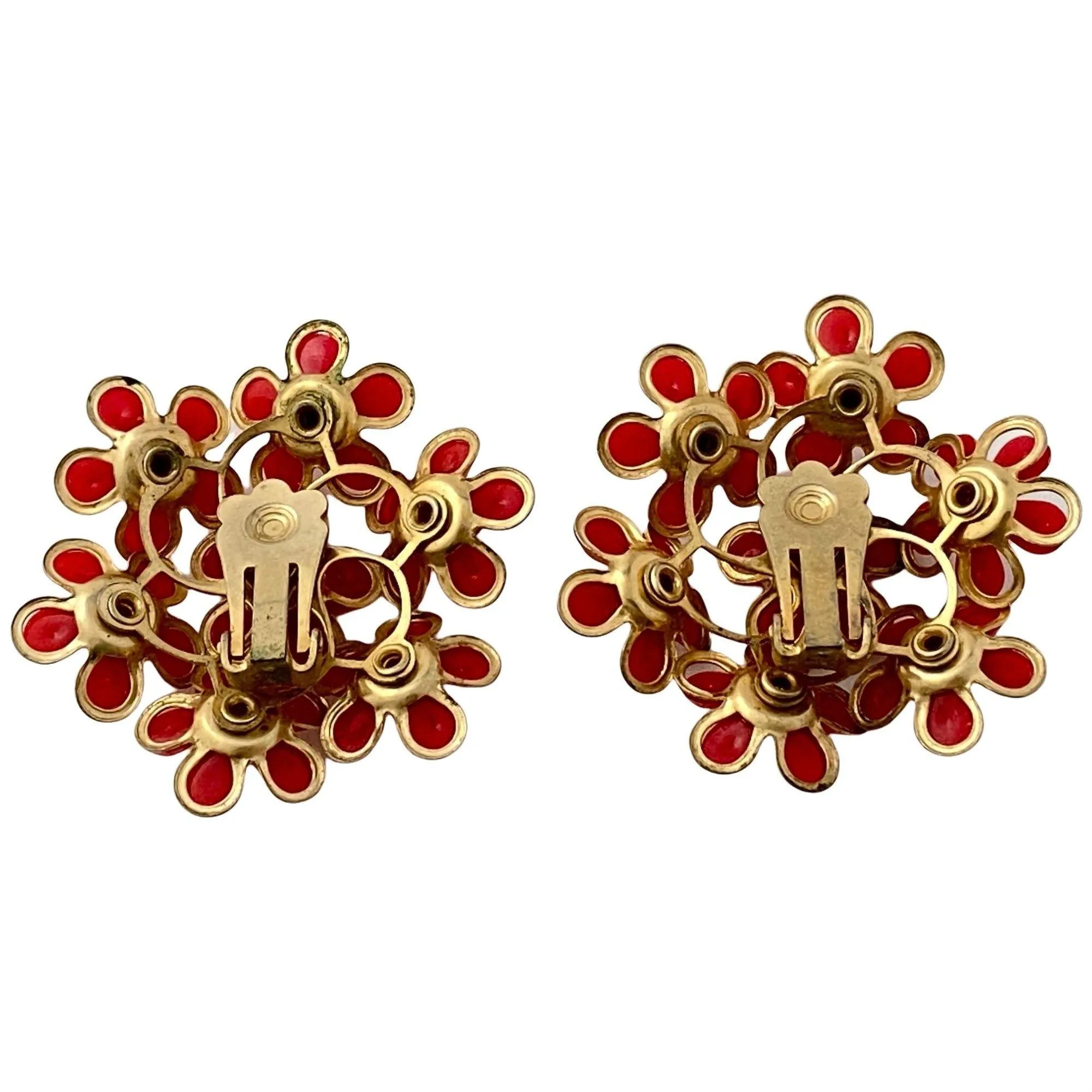 Vintage Red Daisy with Diamante Rhinestone Statement Earrings