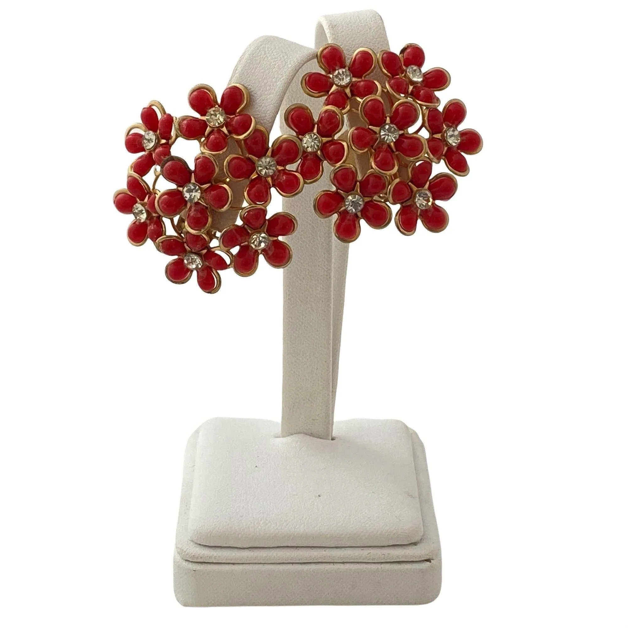 Vintage Red Daisy with Diamante Rhinestone Statement Earrings