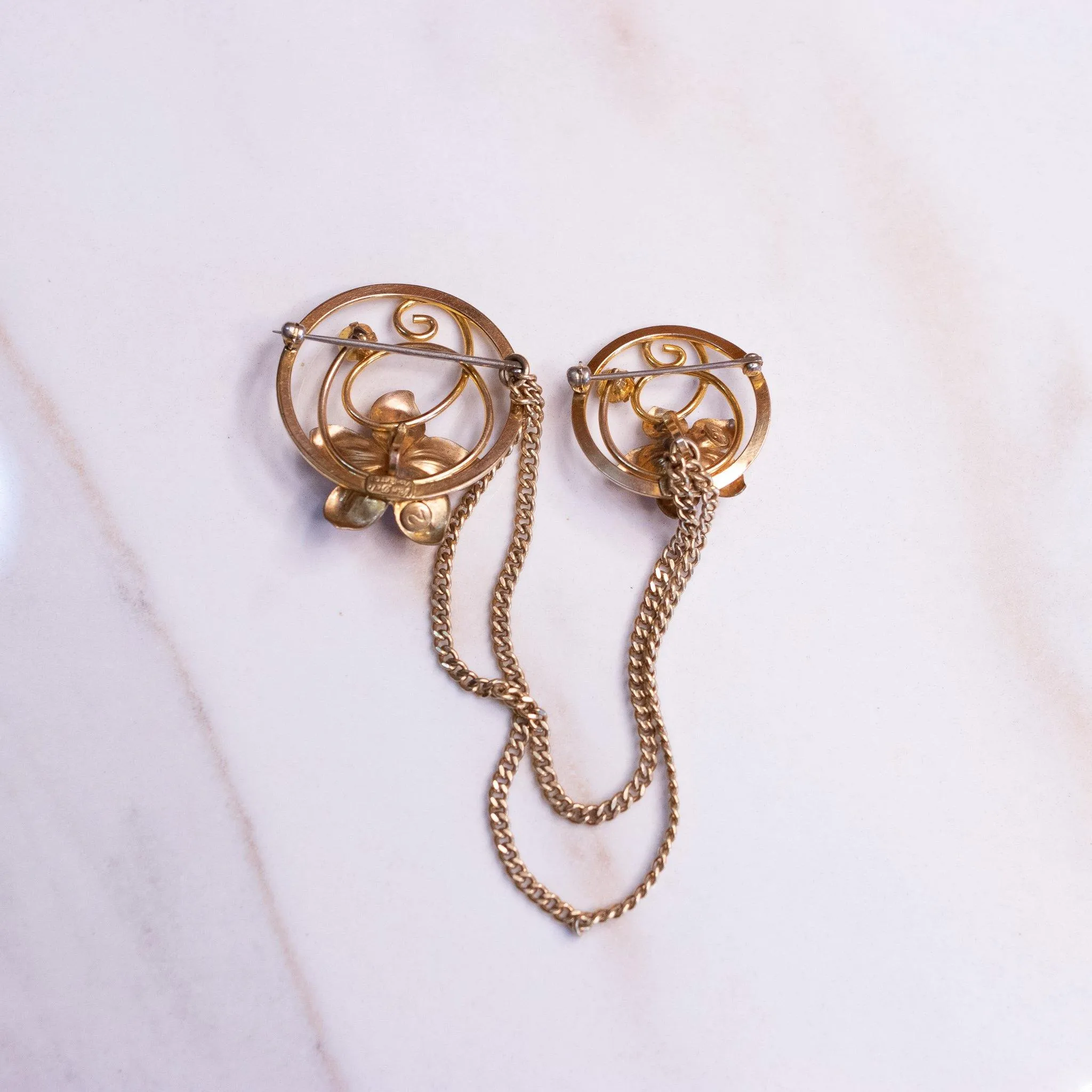 Vintage Van Dell Rose Gold Chatelaine Brooch with Flowers and Blue Rhinestones
