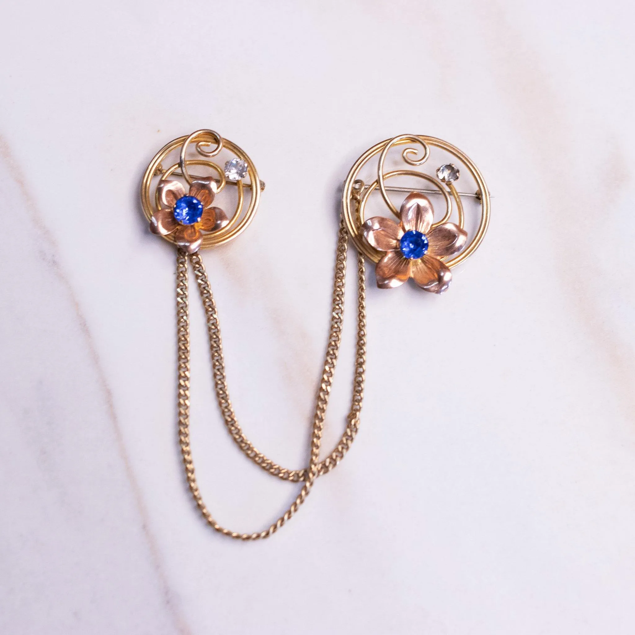 Vintage Van Dell Rose Gold Chatelaine Brooch with Flowers and Blue Rhinestones