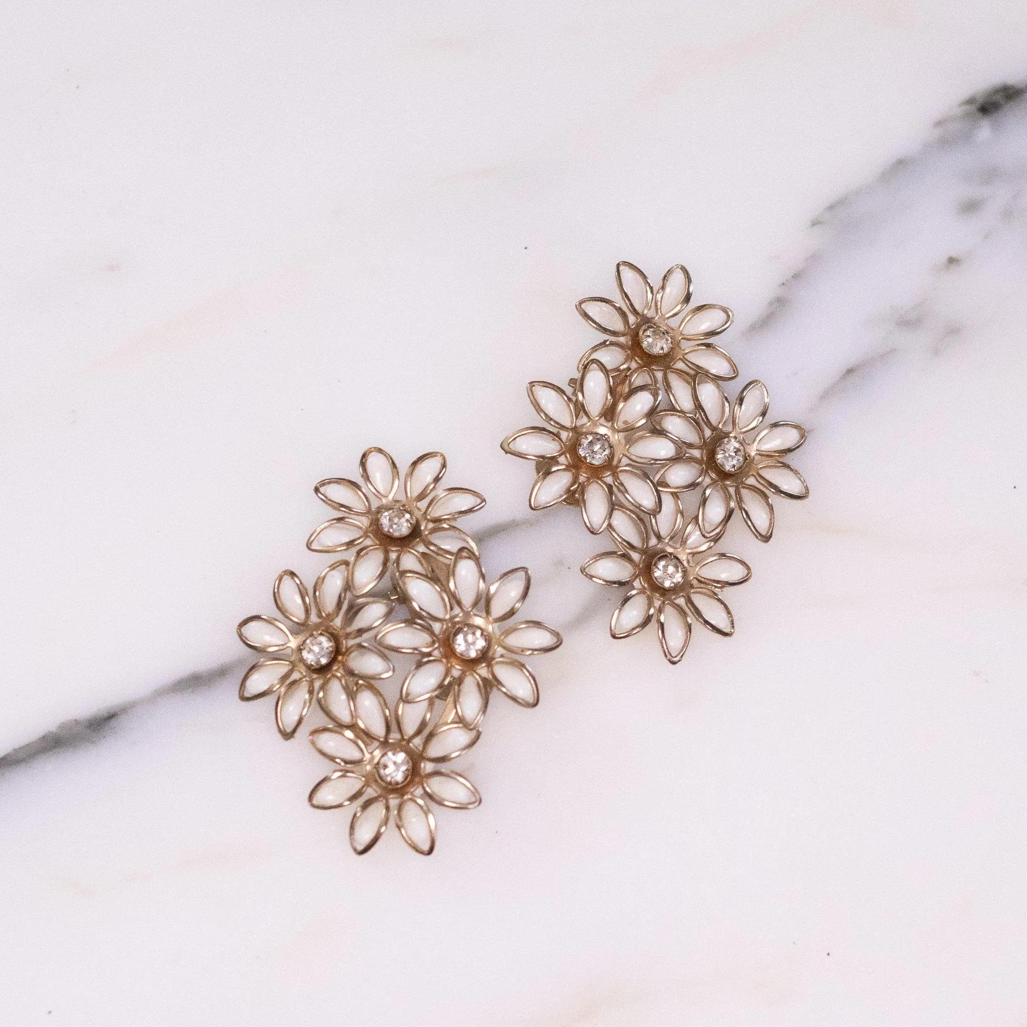 Vintage White Flower Earrings with Diamante Crystals