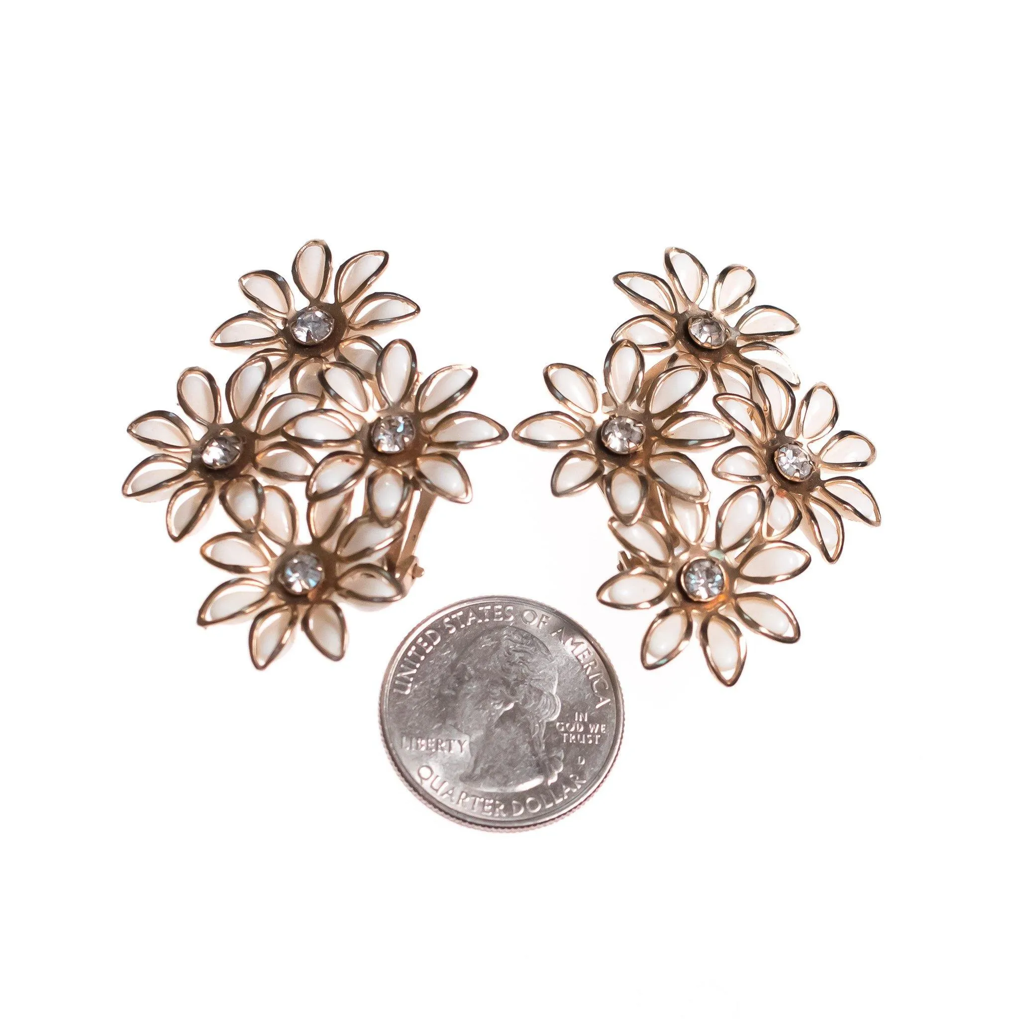 Vintage White Flower Earrings with Diamante Crystals