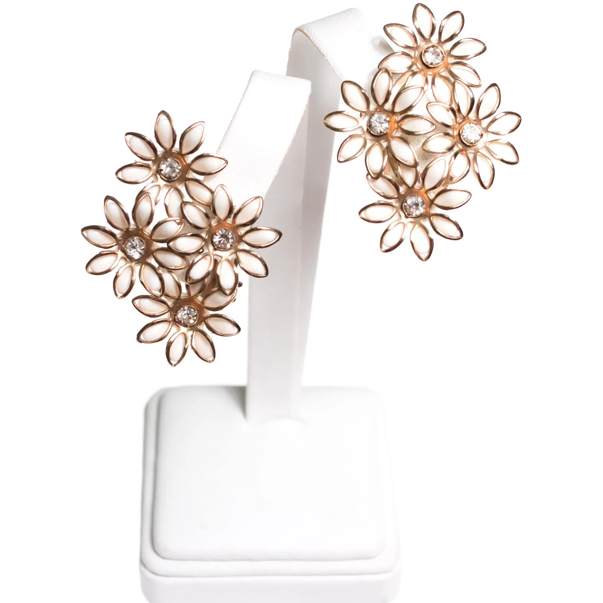 Vintage White Flower Earrings with Diamante Crystals