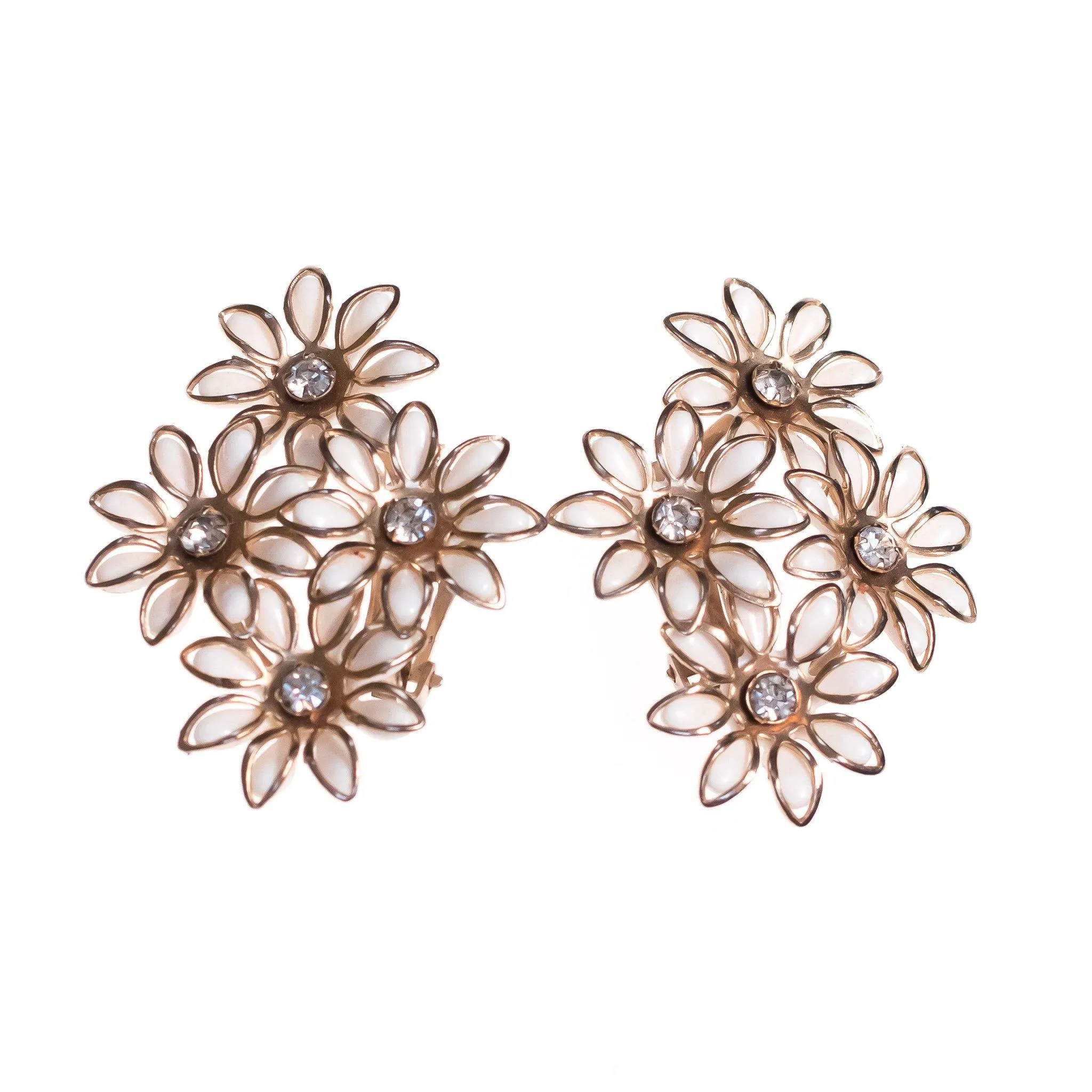 Vintage White Flower Earrings with Diamante Crystals