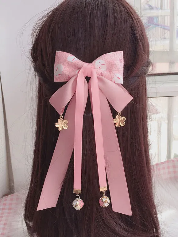 Wa Lolita Headdress Pink Linen Cotton Blend Bows Flowers Sakura Pattern Bow Headwear Lolita Hair Accessories