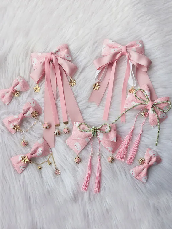 Wa Lolita Headdress Pink Sakura Pattern Bow Linen Cotton Blend Headwear Bows Flowers Lolita Hair Accessories