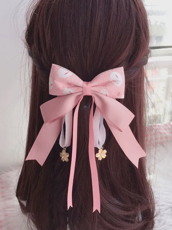 Wa Lolita Headdress Pink Sakura Pattern Bow Linen Cotton Blend Headwear Bows Flowers Lolita Hair Accessories
