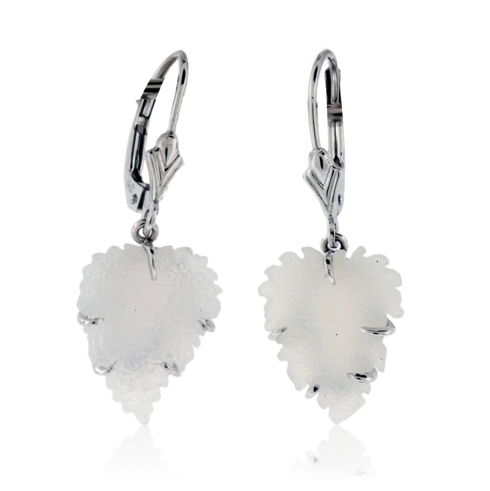 White Carved Druzy Leaf Earrings