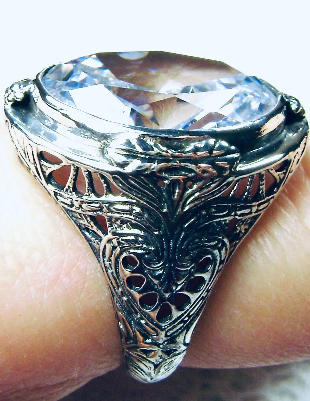 White CZ Ring, Large Oval Ring, Victorian Jewelry Design#D2