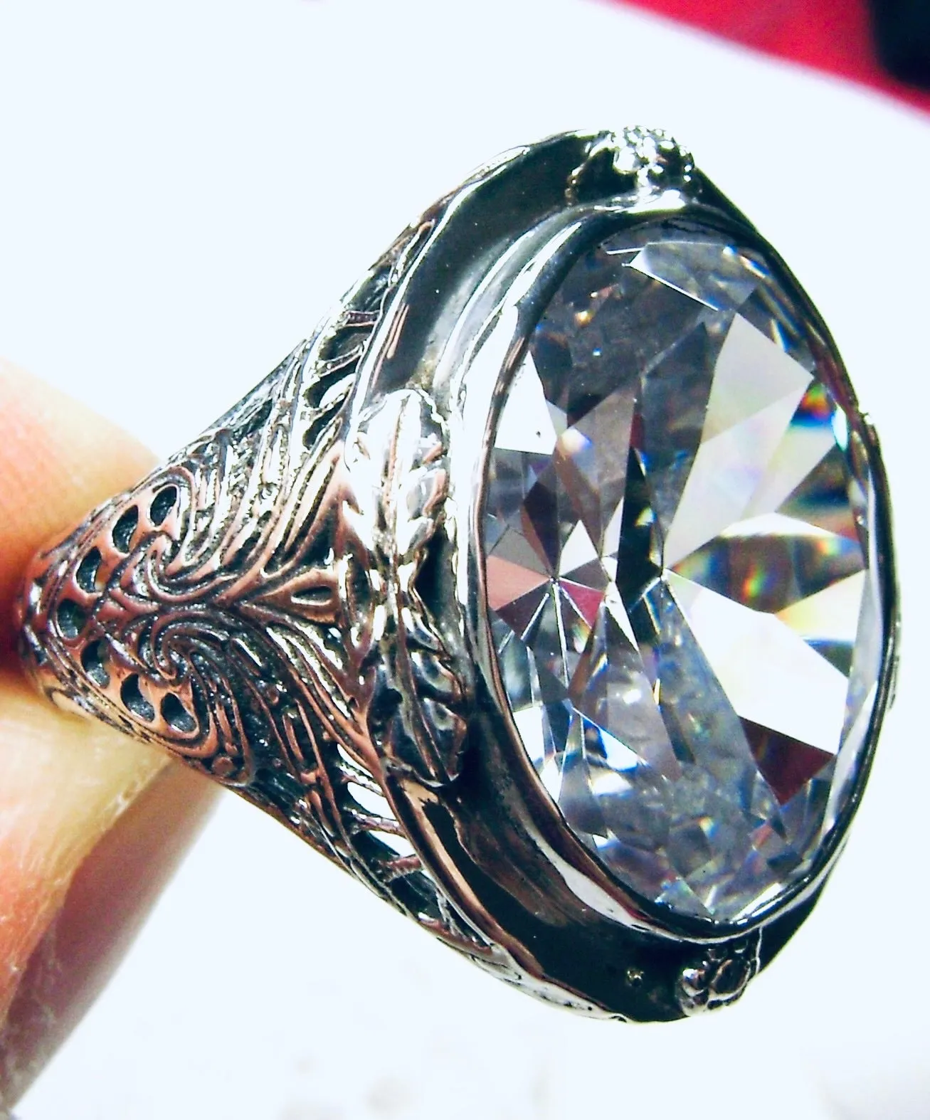 White CZ Ring, Large Oval Ring, Victorian Jewelry Design#D2