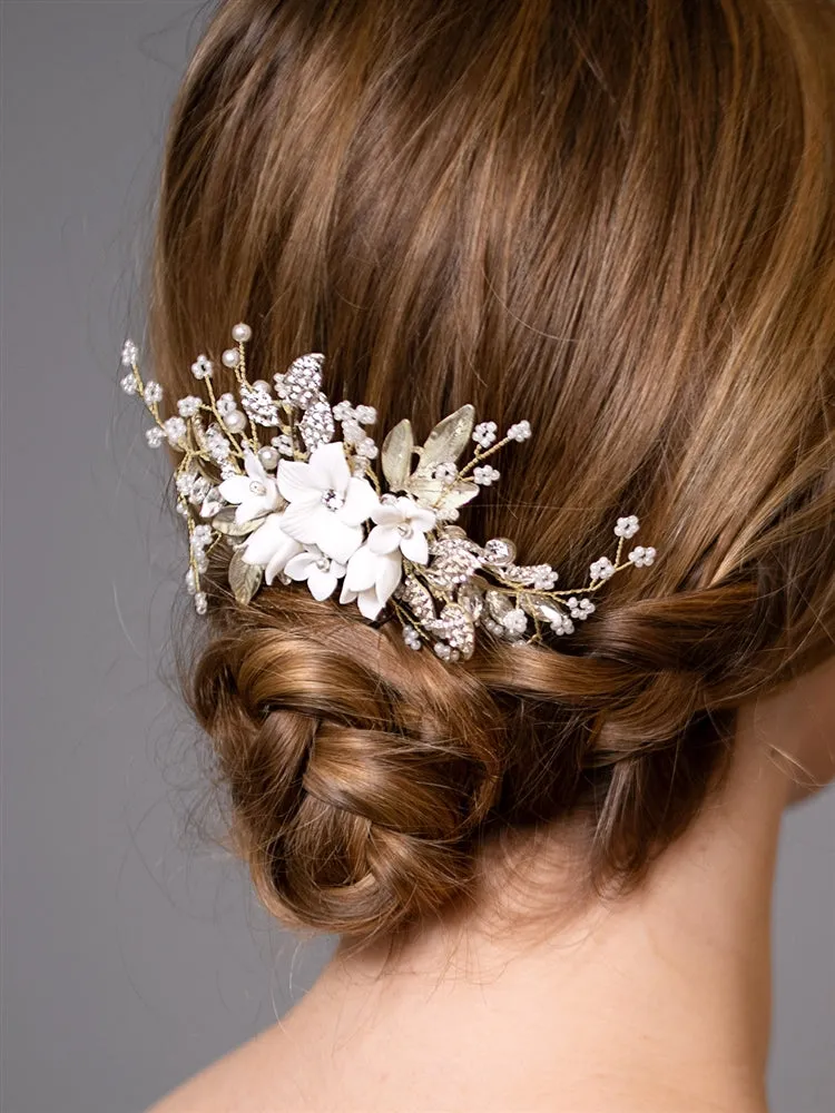 White Resin Flowers, Crystals & Pearl Sprays Gold Comb