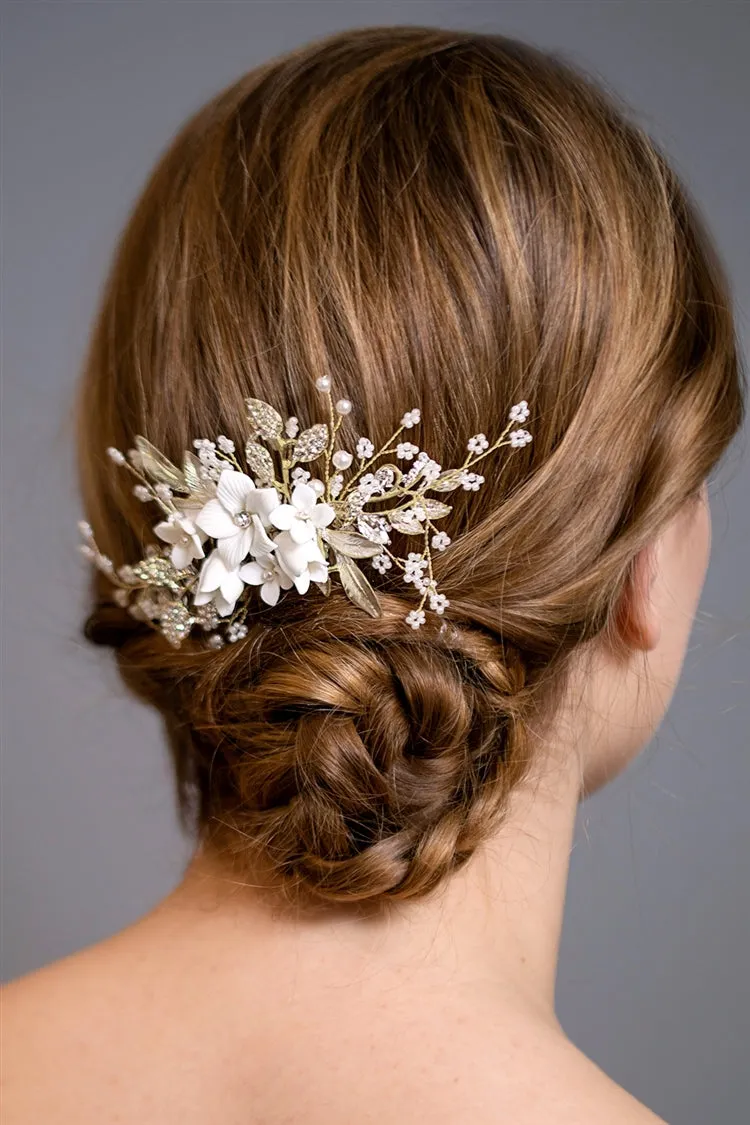 White Resin Flowers, Crystals & Pearl Sprays Gold Comb