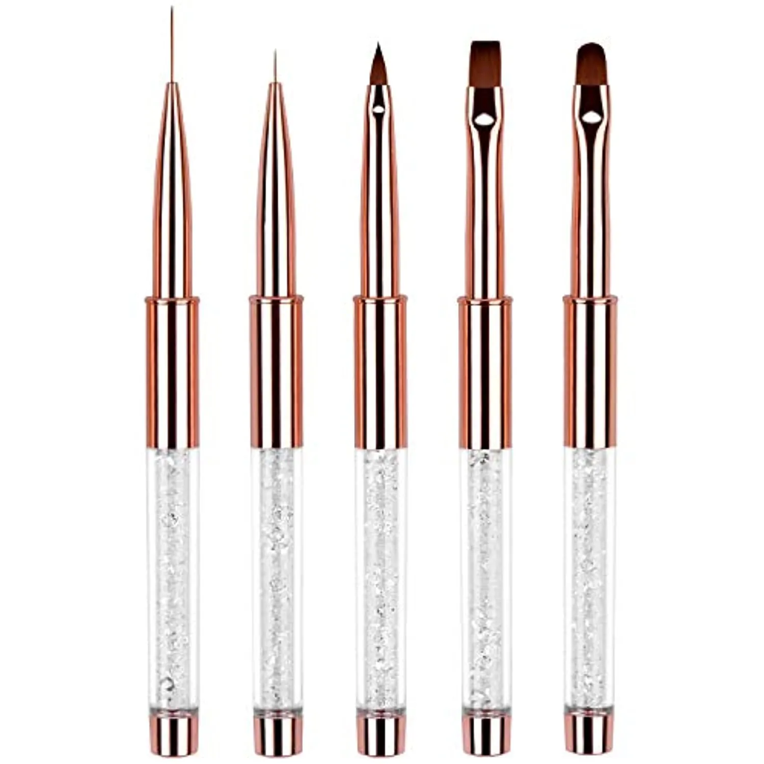 Ycyan 5Pcs Nail Art Brush Set Rhinestone Handle Gel Polish Nail Art Design Brushes with UV Gel Nail Brush, Nail Art Liner Brush, Nail Drawing Brush for Salon and Home DIY Manicure Rose Gold