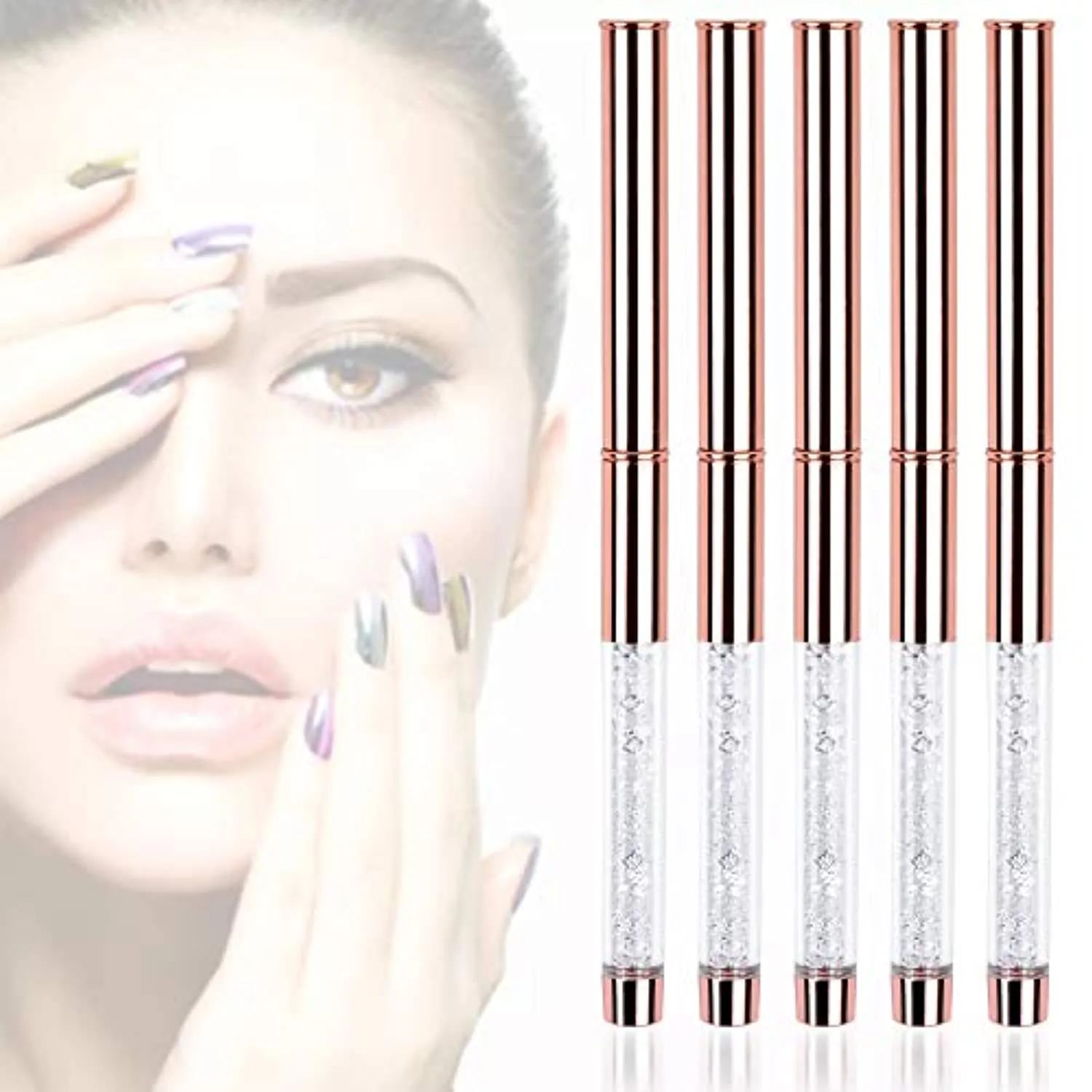 Ycyan 5Pcs Nail Art Brush Set Rhinestone Handle Gel Polish Nail Art Design Brushes with UV Gel Nail Brush, Nail Art Liner Brush, Nail Drawing Brush for Salon and Home DIY Manicure Rose Gold