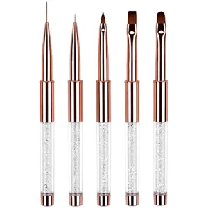 Ycyan 5Pcs Nail Art Brush Set Rhinestone Handle Gel Polish Nail Art Design Brushes with UV Gel Nail Brush, Nail Art Liner Brush, Nail Drawing Brush for Salon and Home DIY Manicure Rose Gold