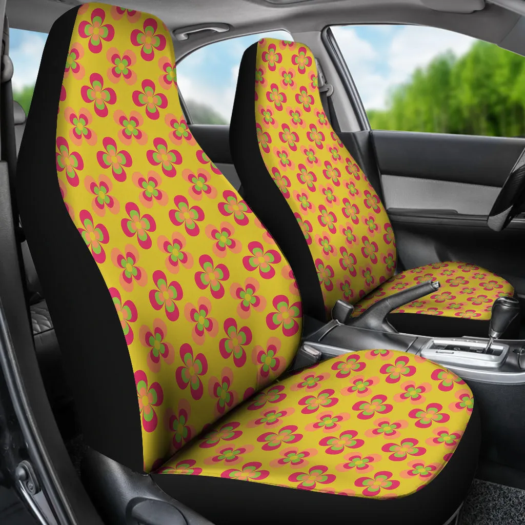 Yellow With Pink and Green Retro Hippie Flower Pattern Car Seat Covers Set