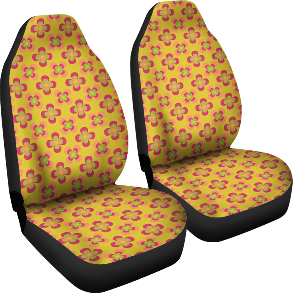 Yellow With Pink and Green Retro Hippie Flower Pattern Car Seat Covers Set