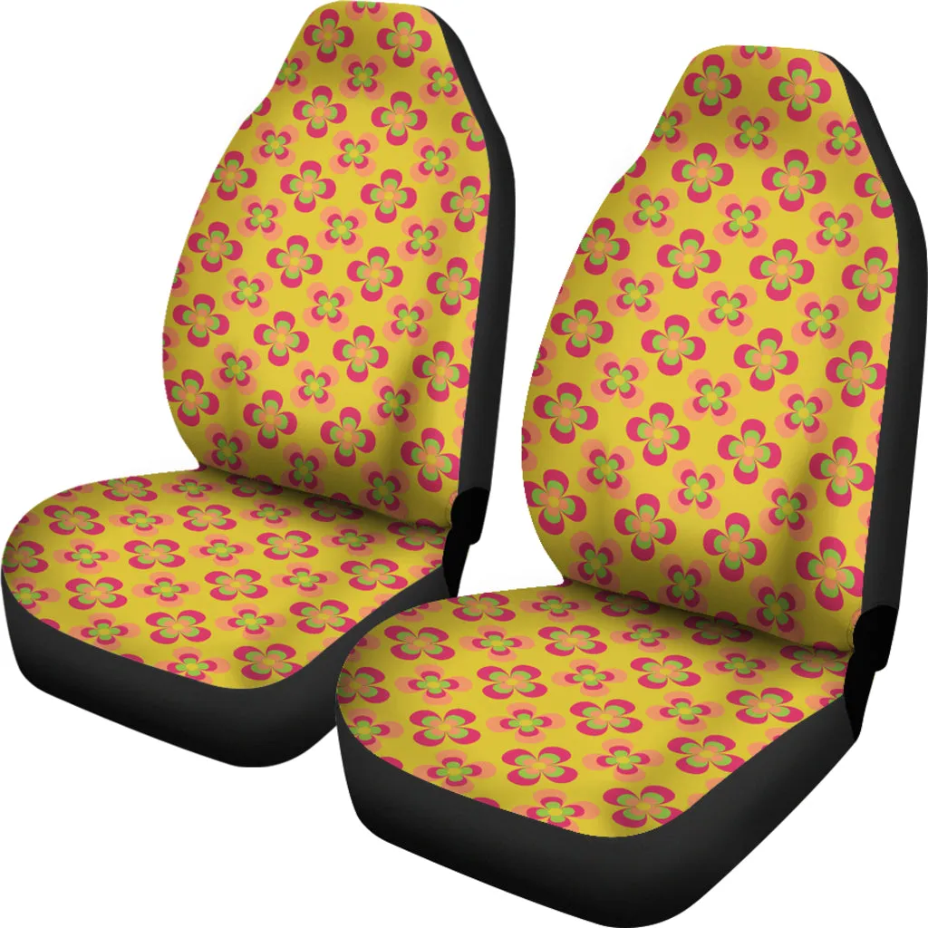Yellow With Pink and Green Retro Hippie Flower Pattern Car Seat Covers Set